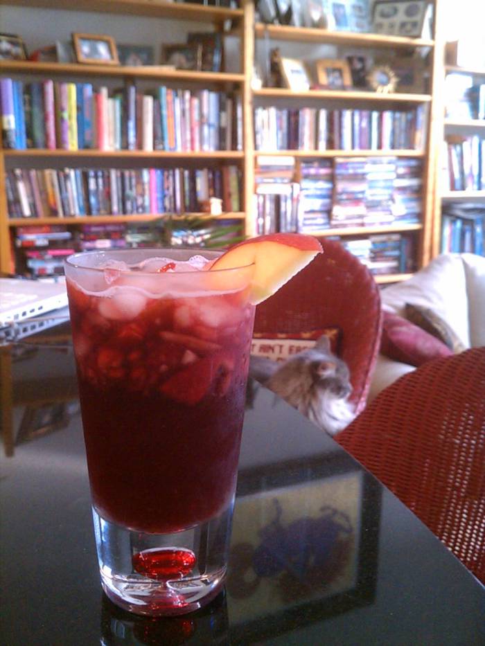 Cocktails to cook with: Winter Spice Sangria I snagged a little of the apple I had diced for the soup, added a bit of diced Bosc pear and some of the freshly ground ginger. I muddled this with a dash of agave syrup, topped with red wine, ice and gingerale!