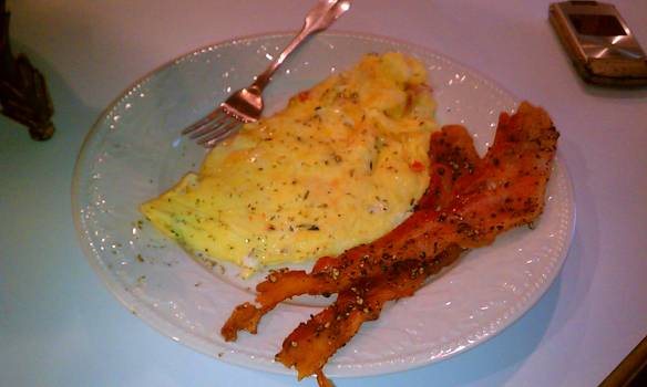 Asiago and Caramelized Onion (with the last garden tomato) Omelets with BACON!!!!