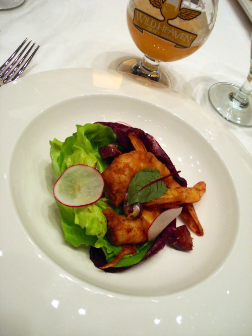 Southern BBQ Salad with Butter Greens, Spicy Shrimp, Picked Bacon, Radish, NC BBQ Vinaigrette